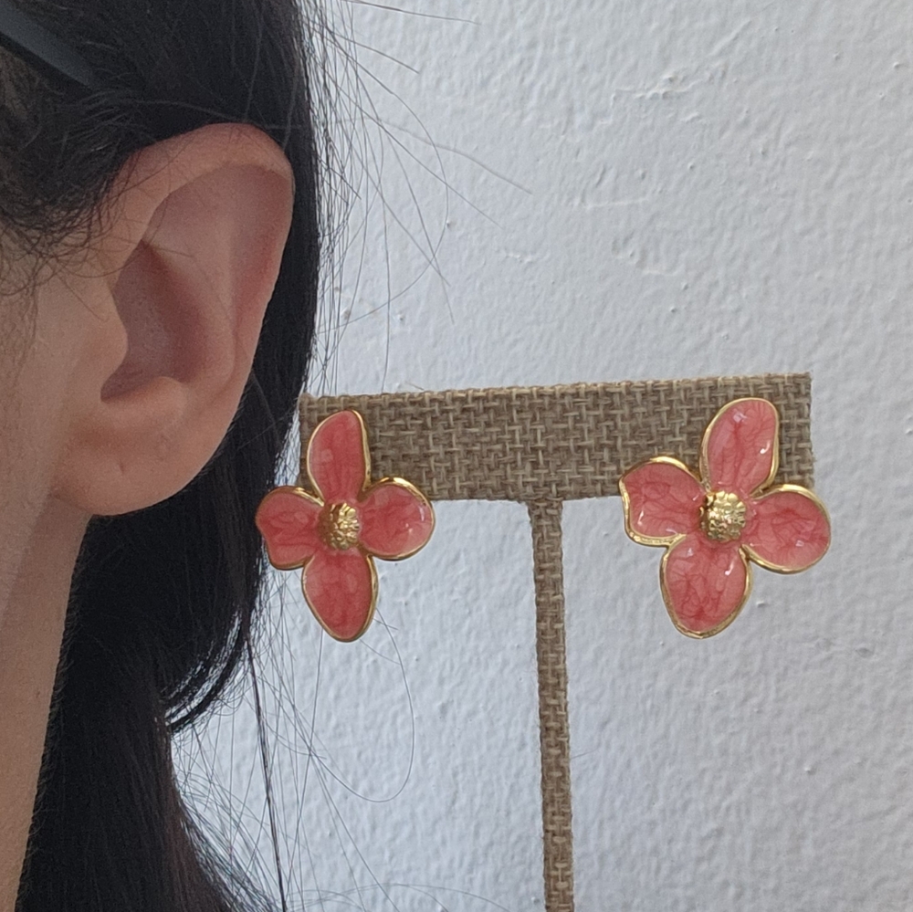 Gold & Pink Enamel Floral Stainless Steel Stud Earrings - Picture 10 of 10